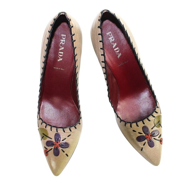 Prada Vintage Floral Appliqué Taupe Purple Detailing Slip-On Heel Size 37 (US 6) - Picture 9 of 12